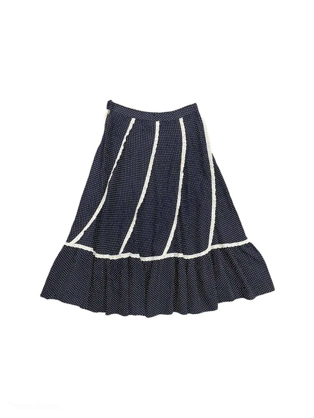 70s vintage polka dot midi skirt in navy blue with lace trim – XS