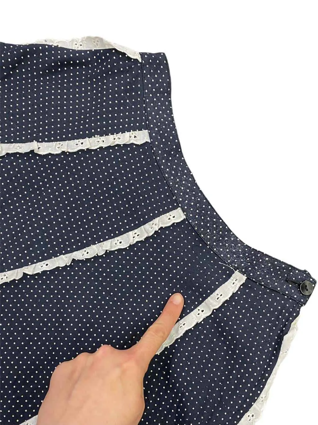 70s vintage polka dot midi skirt in navy blue with lace trim – XS