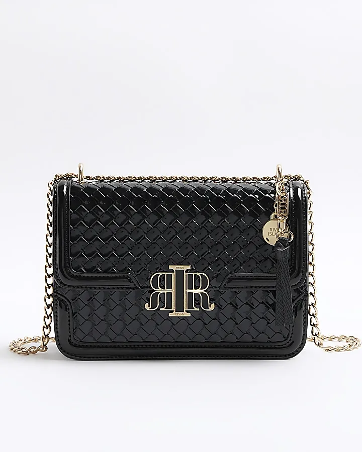 Black embossed woven satchel bag