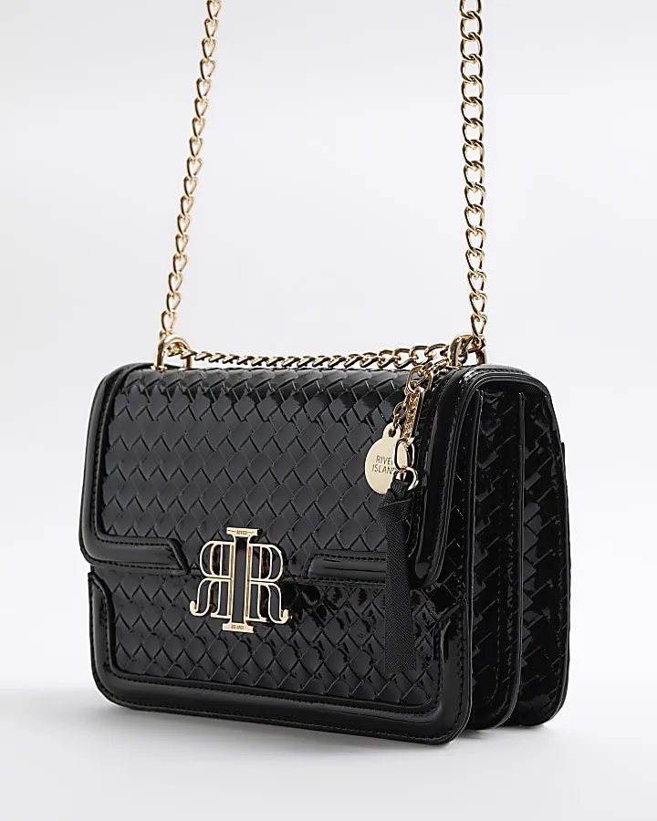 Black embossed woven satchel bag