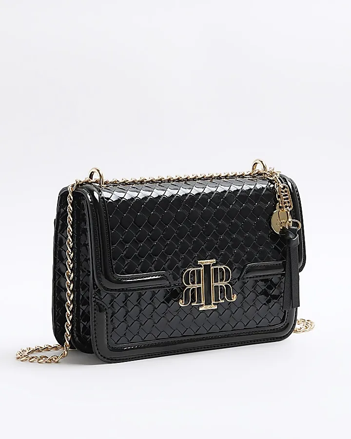 Black embossed woven satchel bag