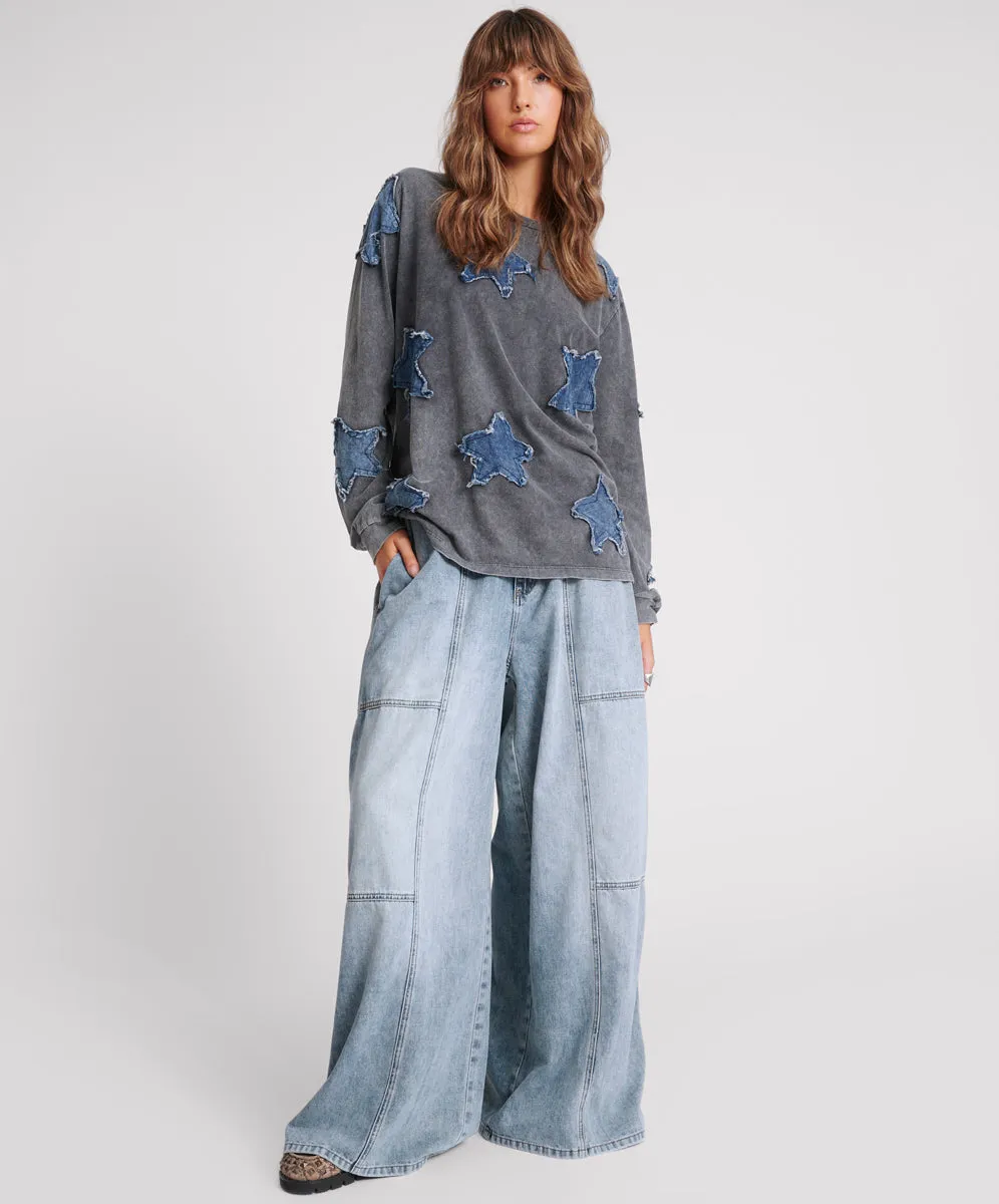 BLUE BLOSSOM DENIM PALAZZO PANTS