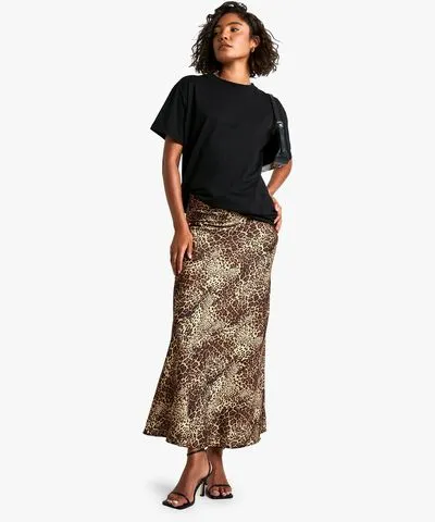 boohoo Womens Tall Leopard Satin Midaxi Skirt