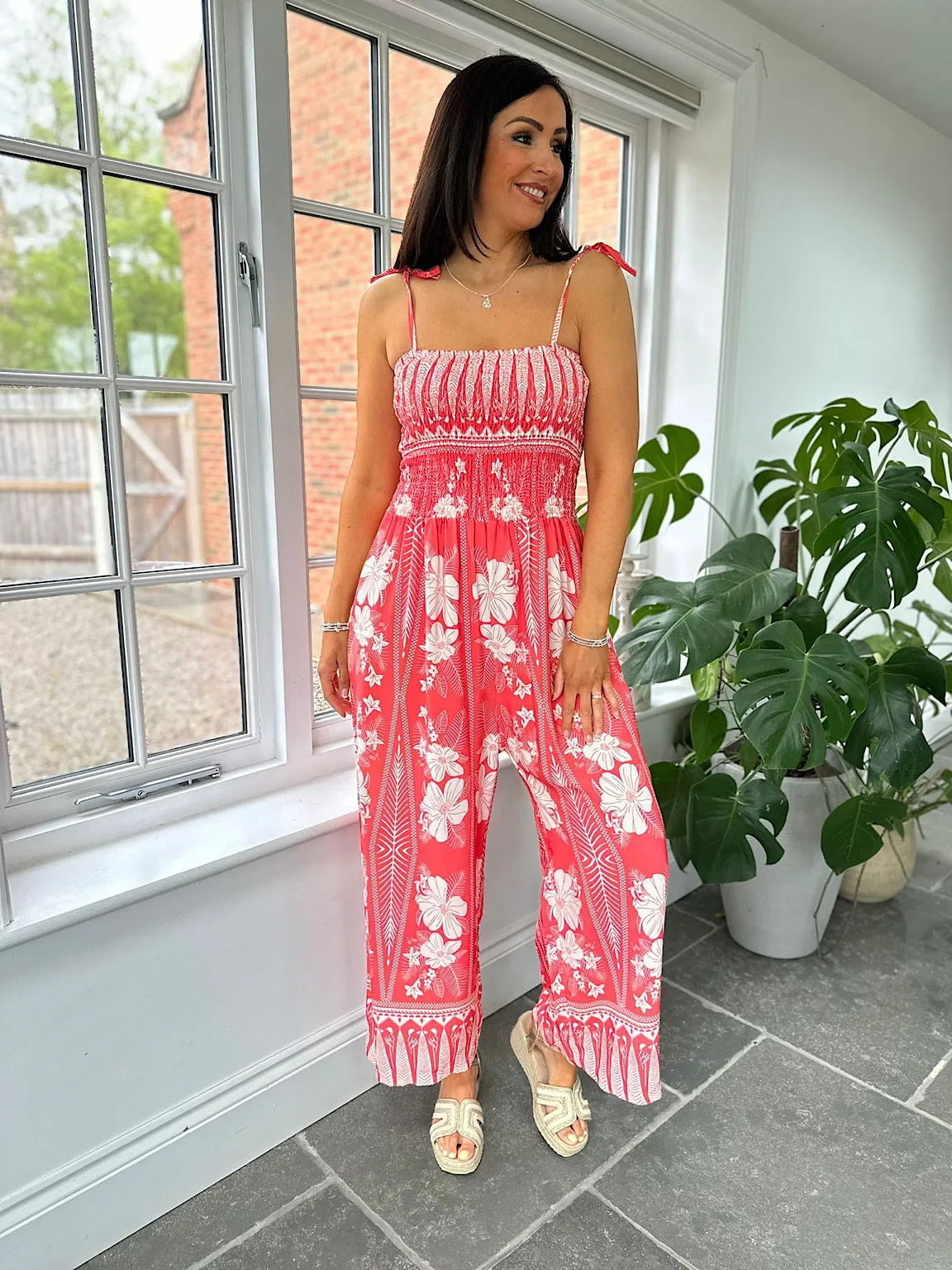 Coral Flower Print Jumpsuit