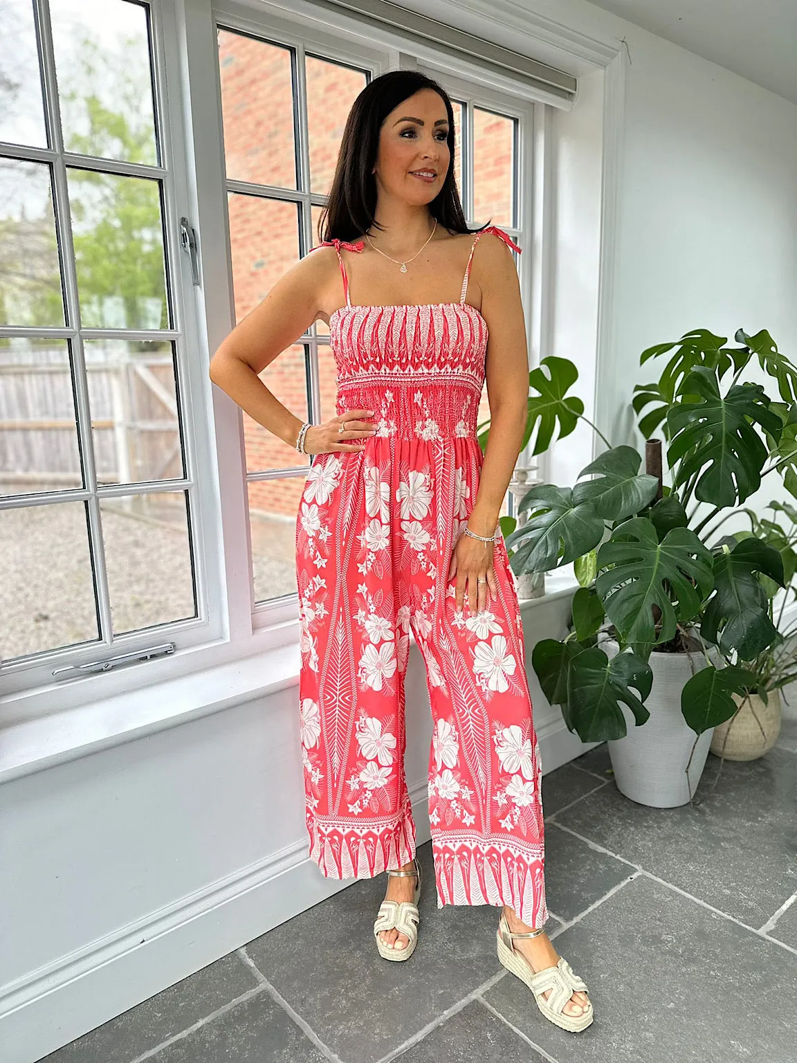 Coral Flower Print Jumpsuit