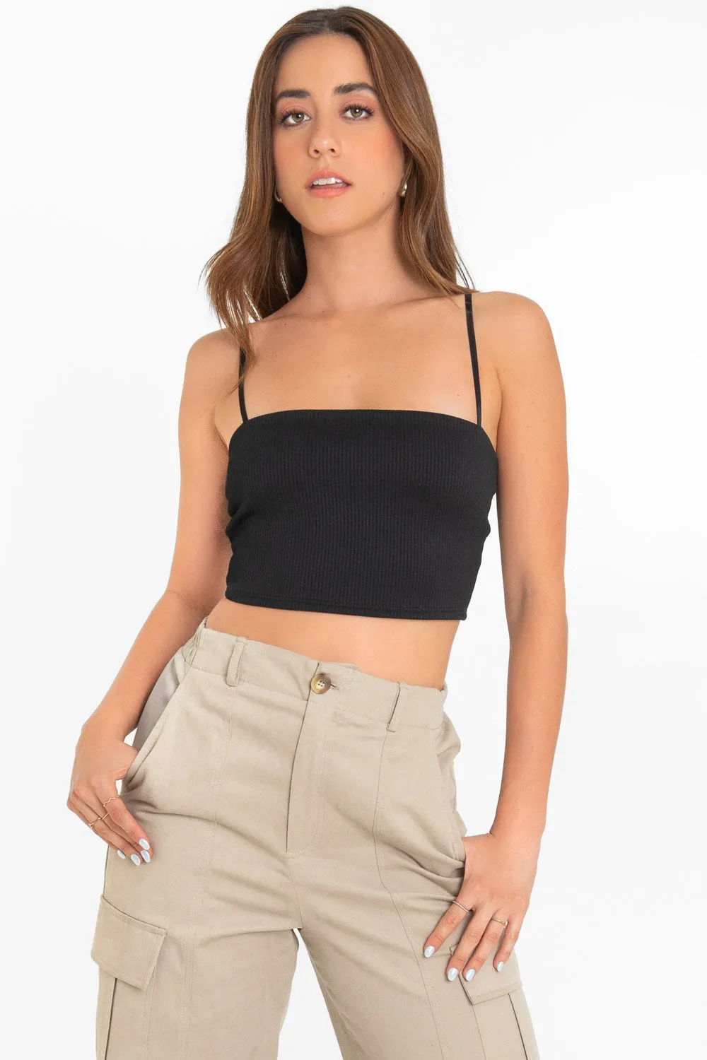 Crop top canalé de escote recto tirantes