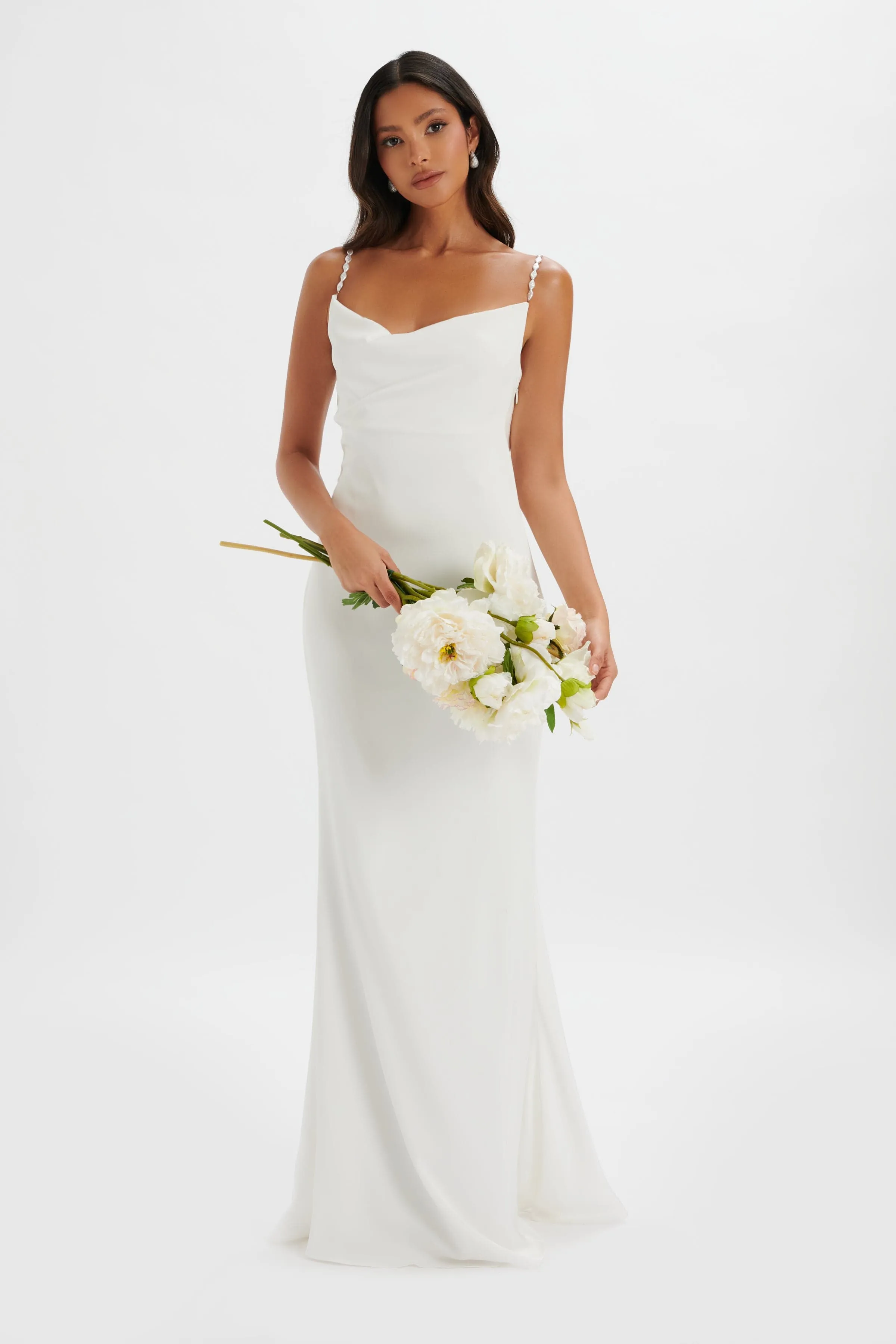 DANI Cowl Neck Satin Maxi Dress with Pearl Straps in White