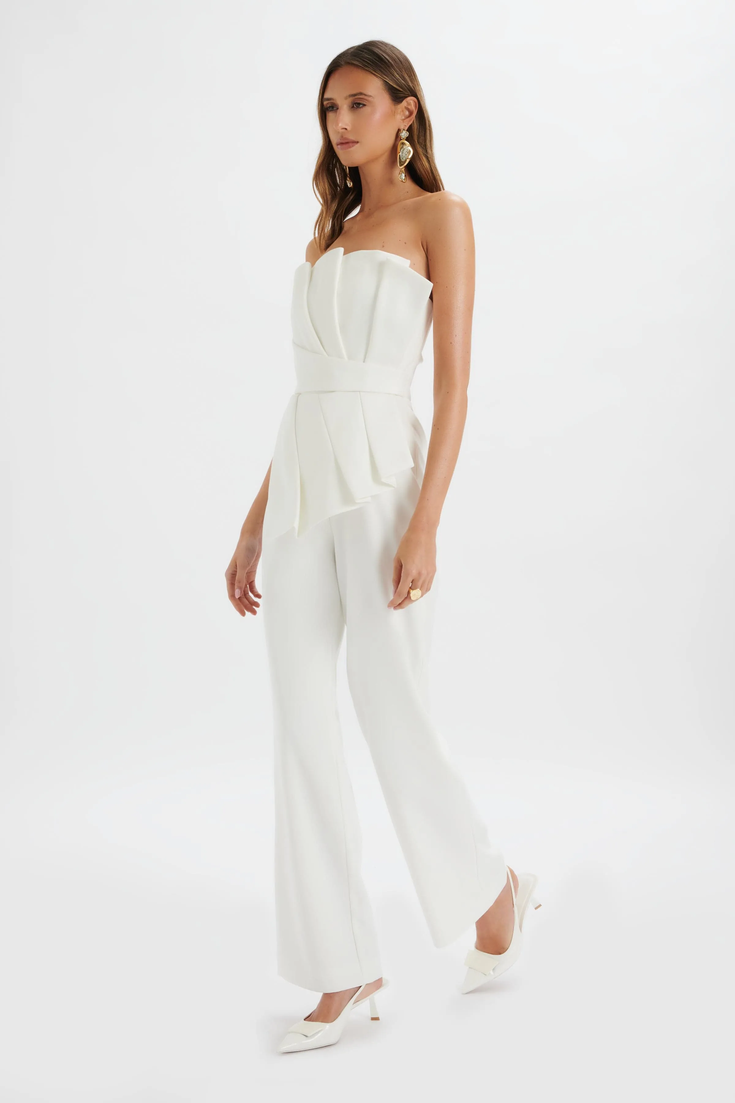 ELARA Asymmetric Pleated Frill Straight Leg Jumpsuit in White