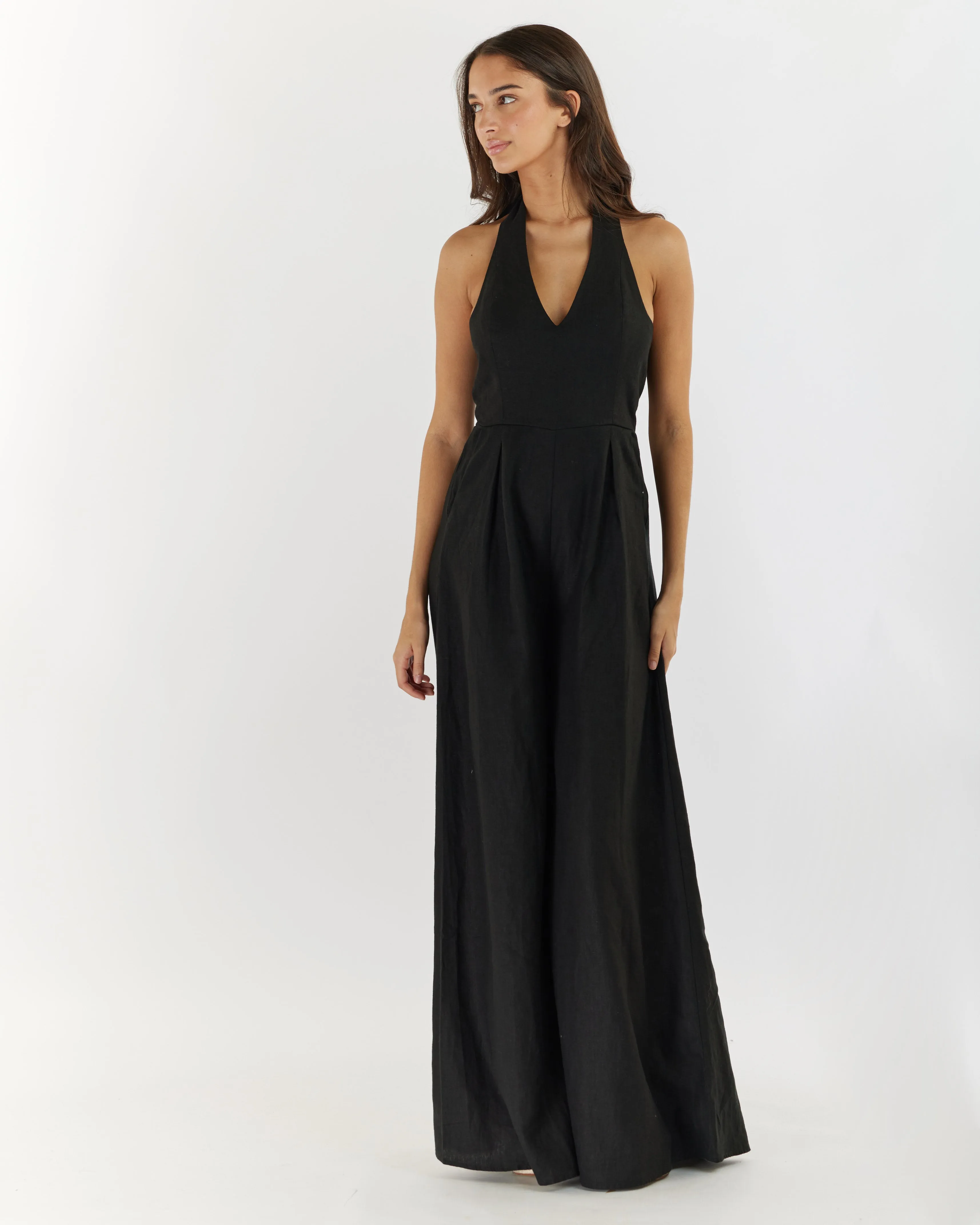 Eloise Linen Halter Jumpsuit - Black