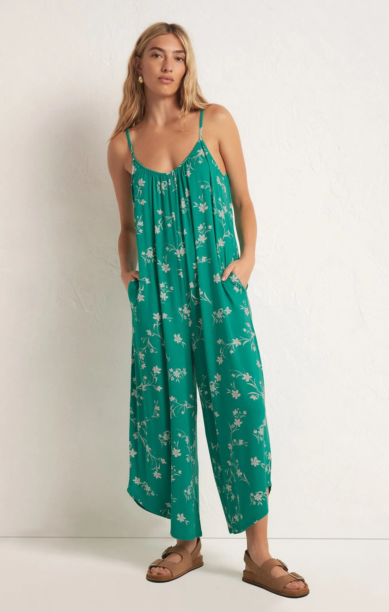 Flared Floral Jumpsuit in Tropical Teal