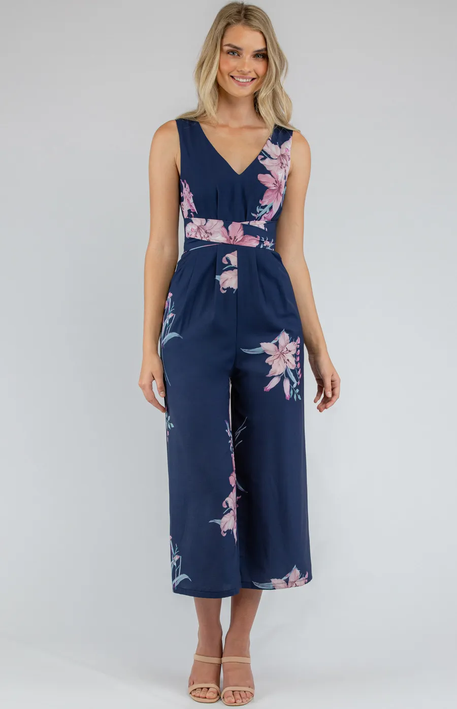 Floral V-neckline Jumpsuit with Wrap Belt Detail (SJP370A)