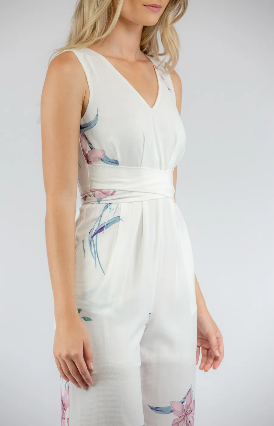 Floral V-neckline Jumpsuit with Wrap Belt Detail (SJP370A)