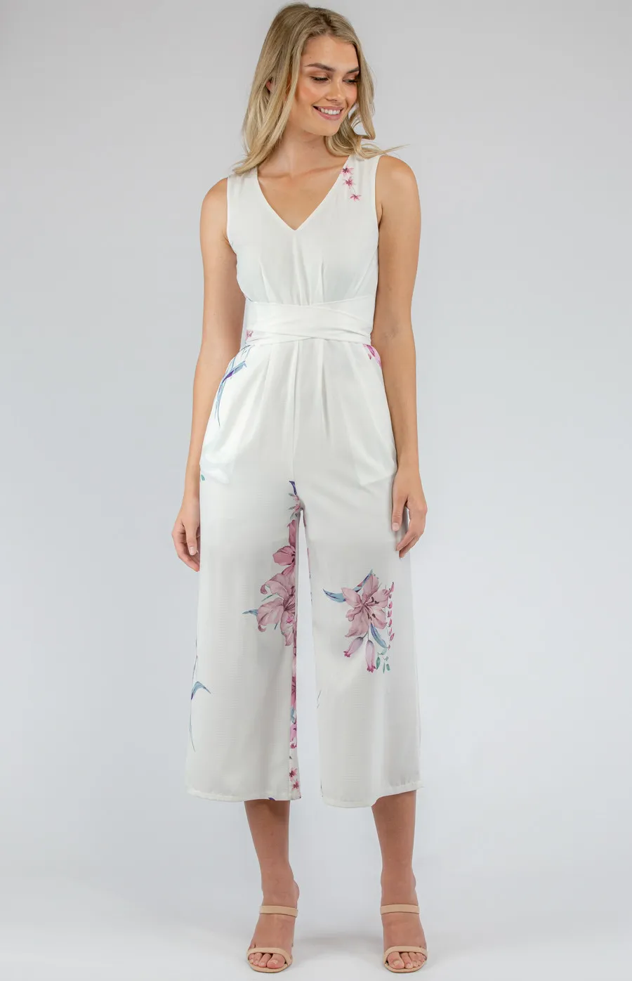 Floral V-neckline Jumpsuit with Wrap Belt Detail (SJP370A)