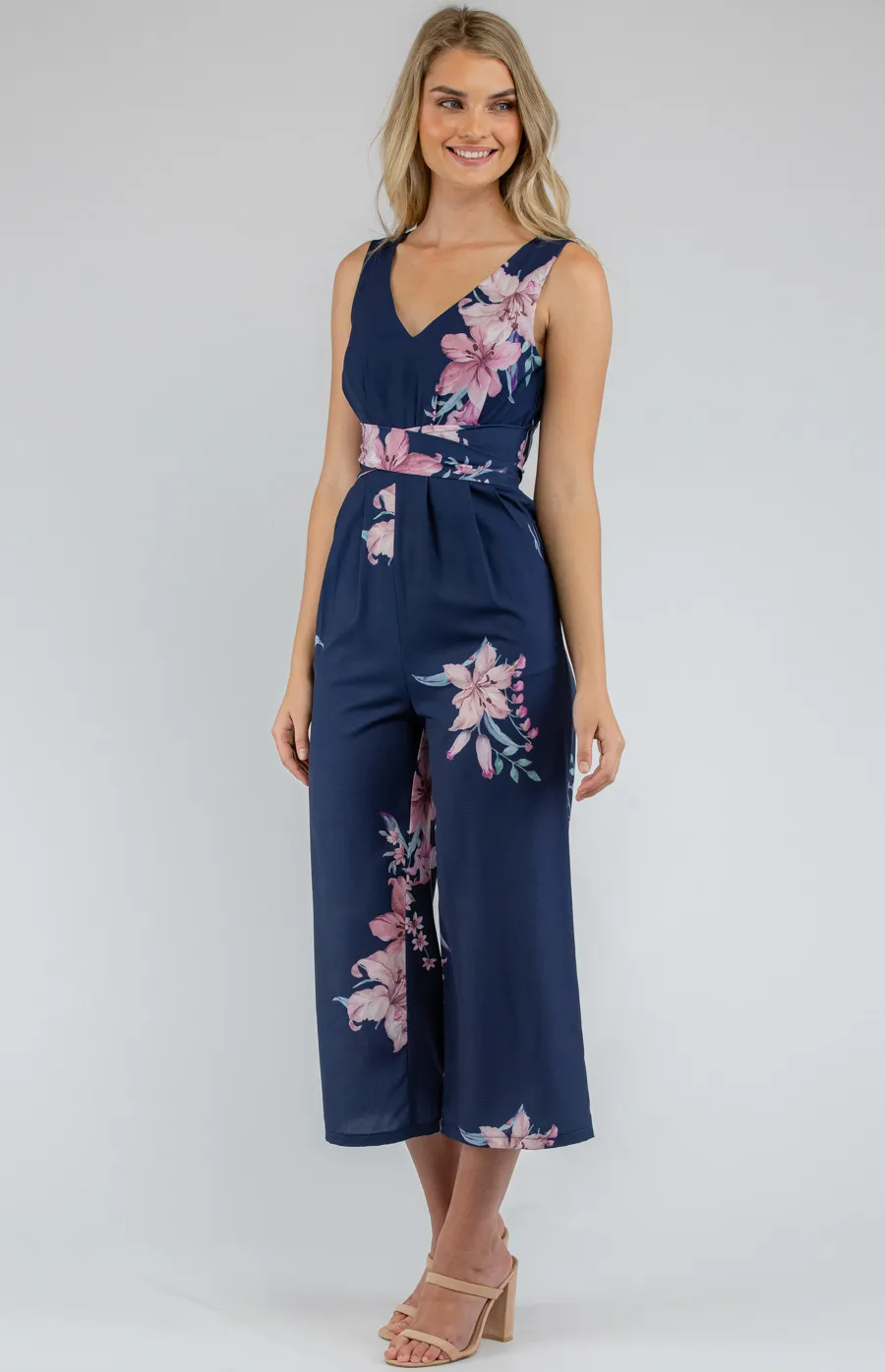 Floral V-neckline Jumpsuit with Wrap Belt Detail (SJP370A)