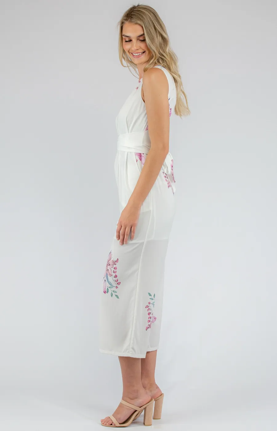 Floral V-neckline Jumpsuit with Wrap Belt Detail (SJP370A)