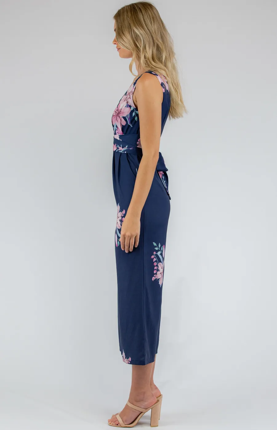 Floral V-neckline Jumpsuit with Wrap Belt Detail (SJP370A)