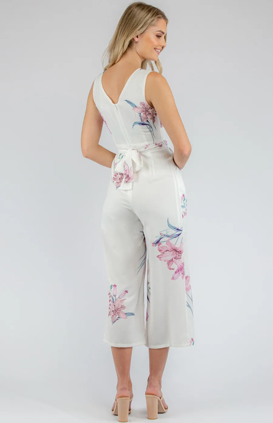 Floral V-neckline Jumpsuit with Wrap Belt Detail (SJP370A)