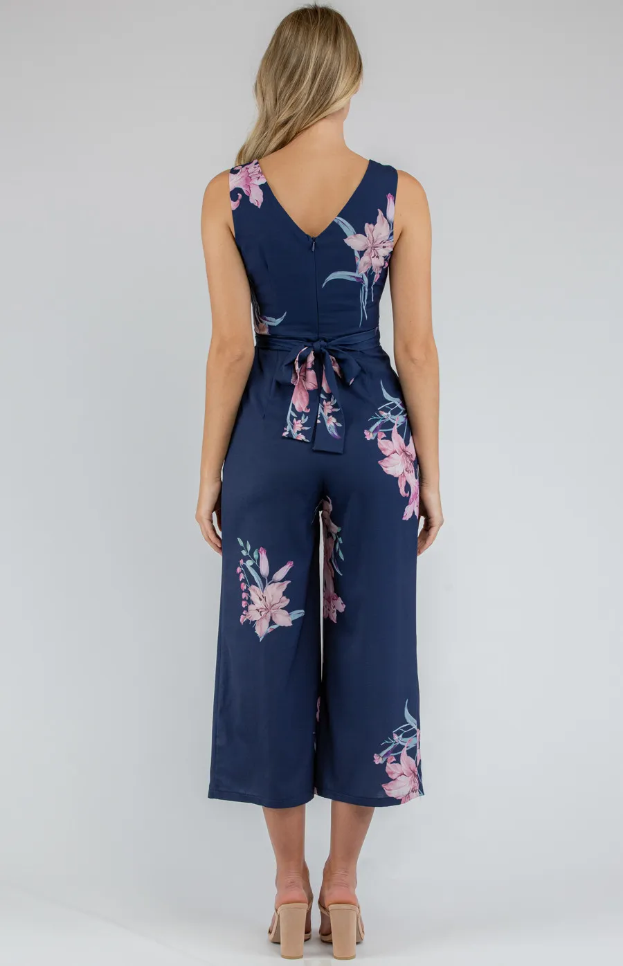 Floral V-neckline Jumpsuit with Wrap Belt Detail (SJP370A)