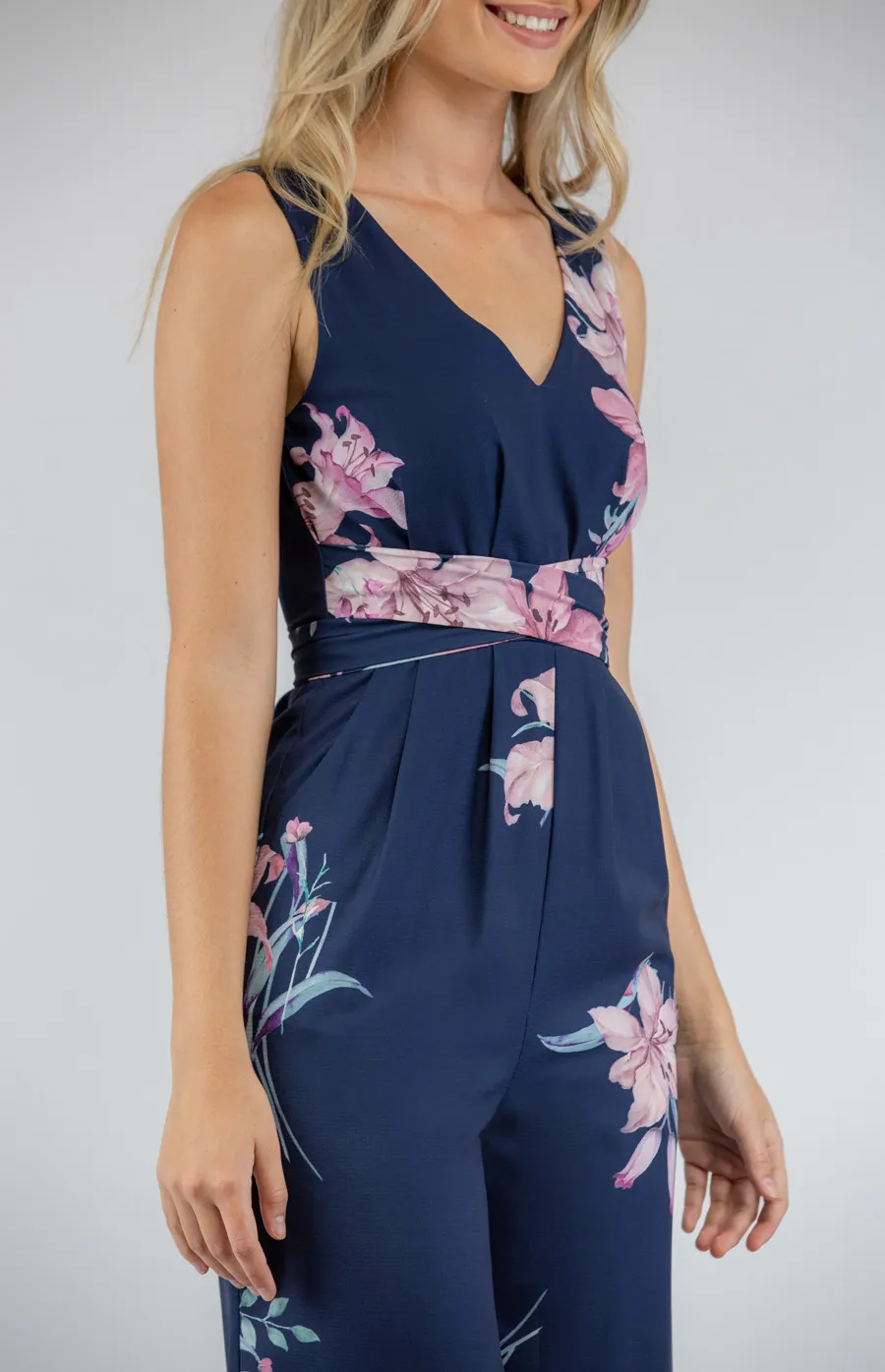 Floral V-neckline Jumpsuit with Wrap Belt Detail (SJP370A)