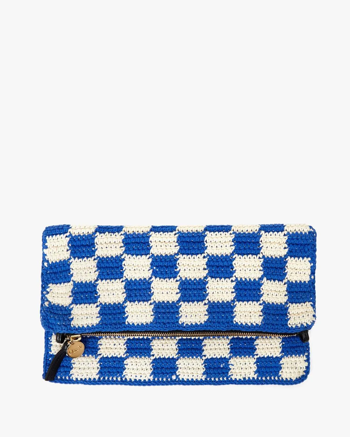 Foldover Clutch w/ Tabs - Cobalt/Cream Crochet Checker