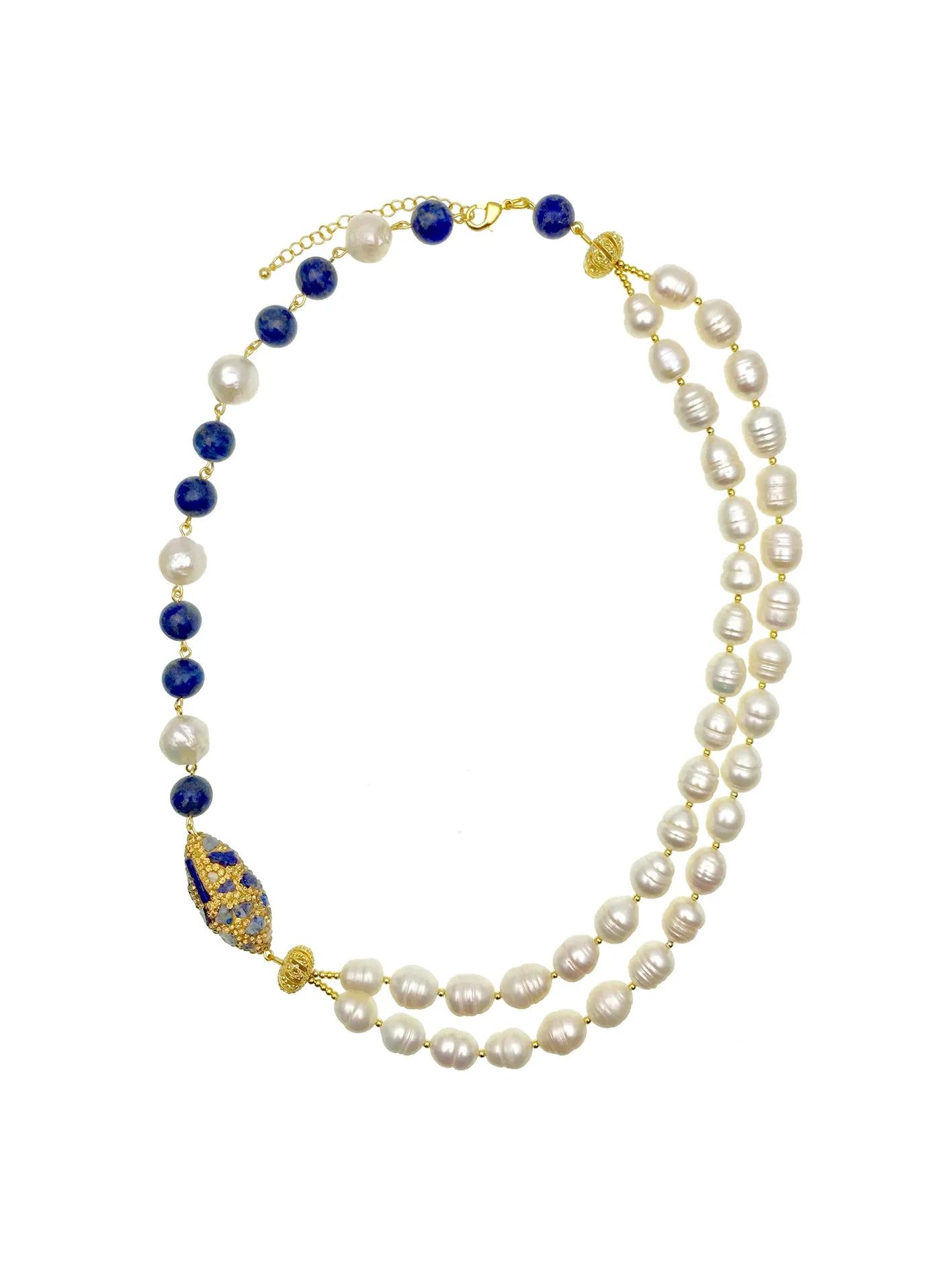 Freshwater Pearls With Lapis Lazuli & Rhinestone Double Strands Necklace AN016