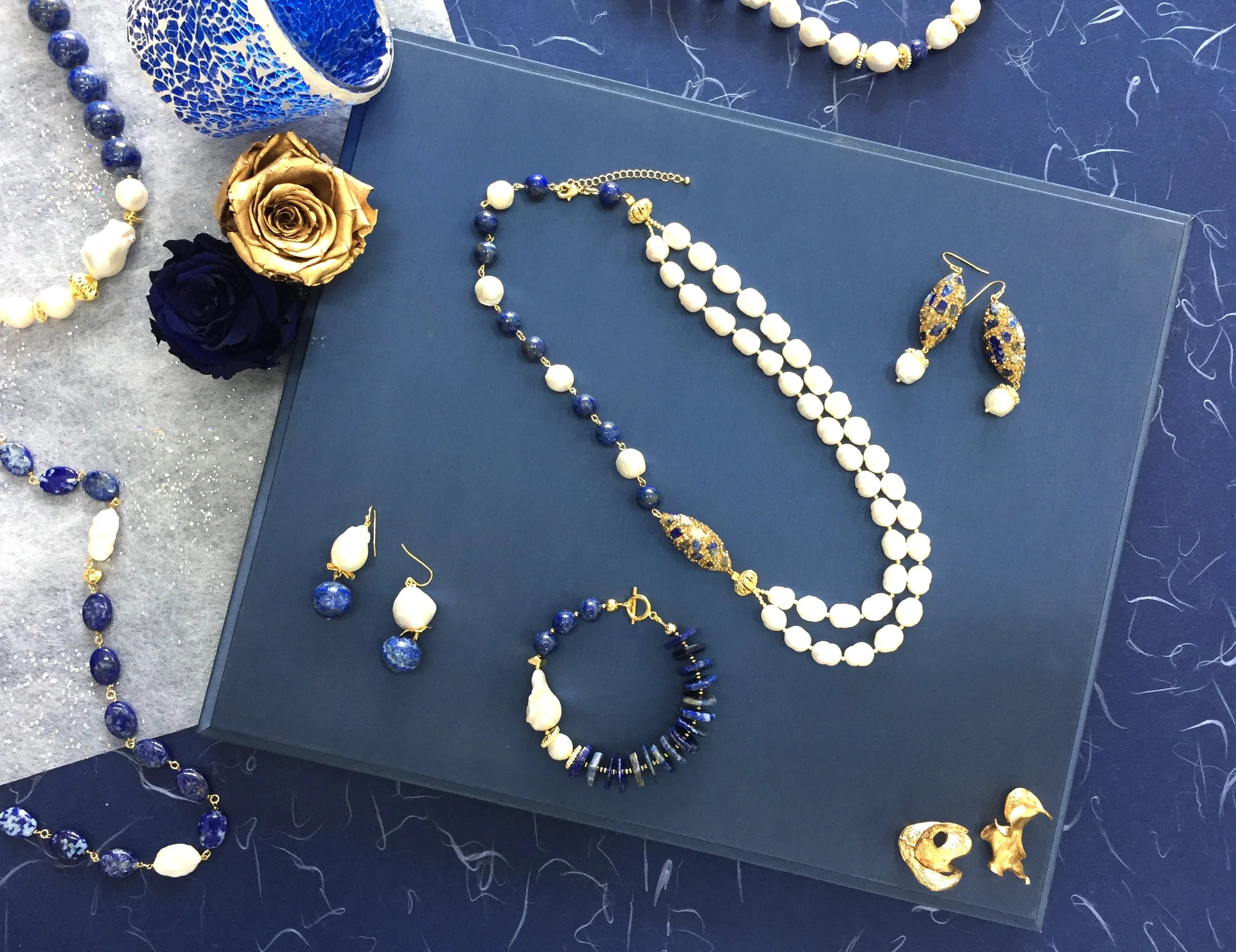 Freshwater Pearls With Lapis Lazuli & Rhinestone Double Strands Necklace AN016