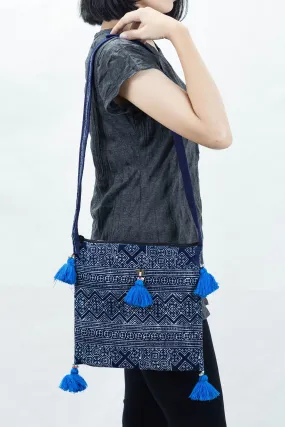 Hmong Indigo Batik Crossbody Sling Bag with Blue Tassels