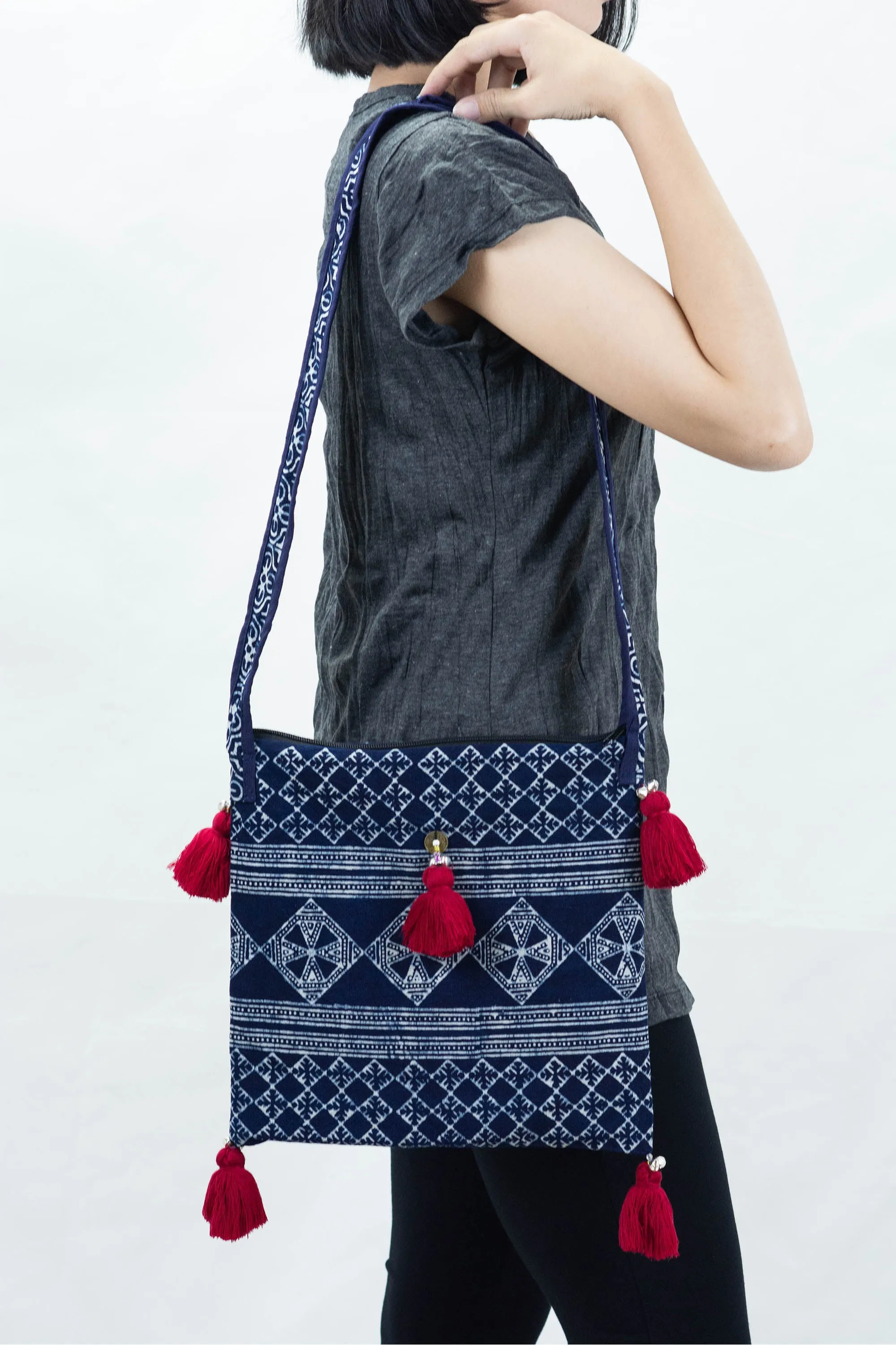 Hmong Indigo Batik Crossbody Sling Bag with Red Tassels