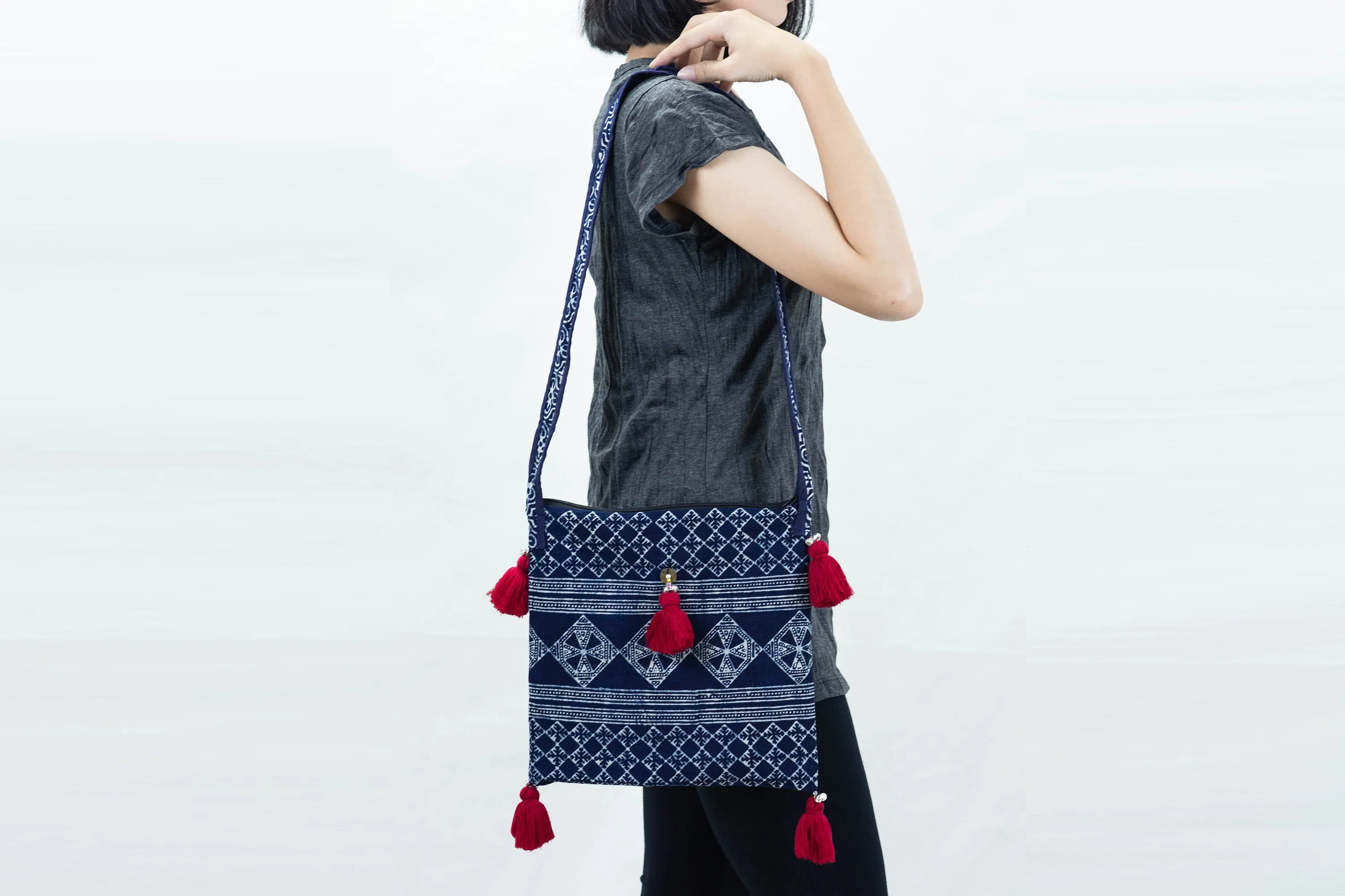 Hmong Indigo Batik Crossbody Sling Bag with Red Tassels