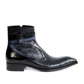 Jo Ghost 4766 Men's Shoes Black & Blue Crocodile Print / Calf-Skin Leather Ankle Boots (JG5339)