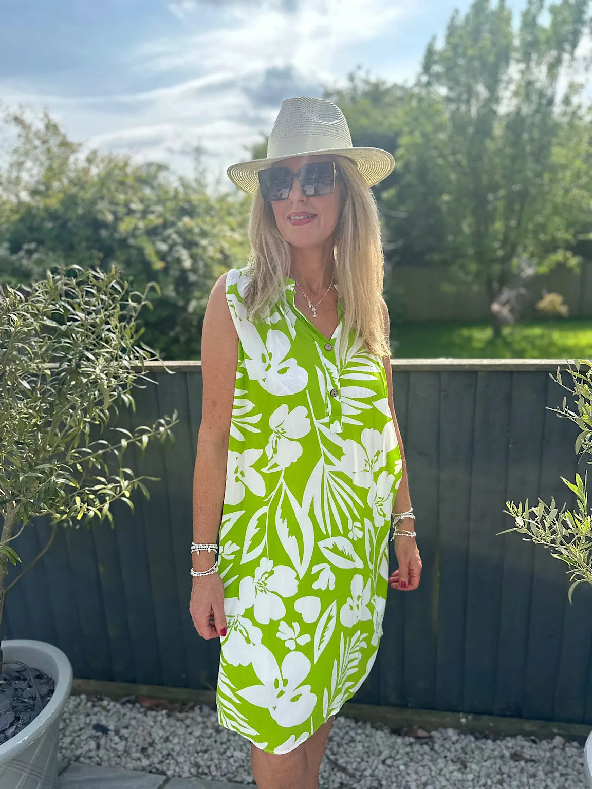 Lime Floral Sleeveless Tunic Dress Jade