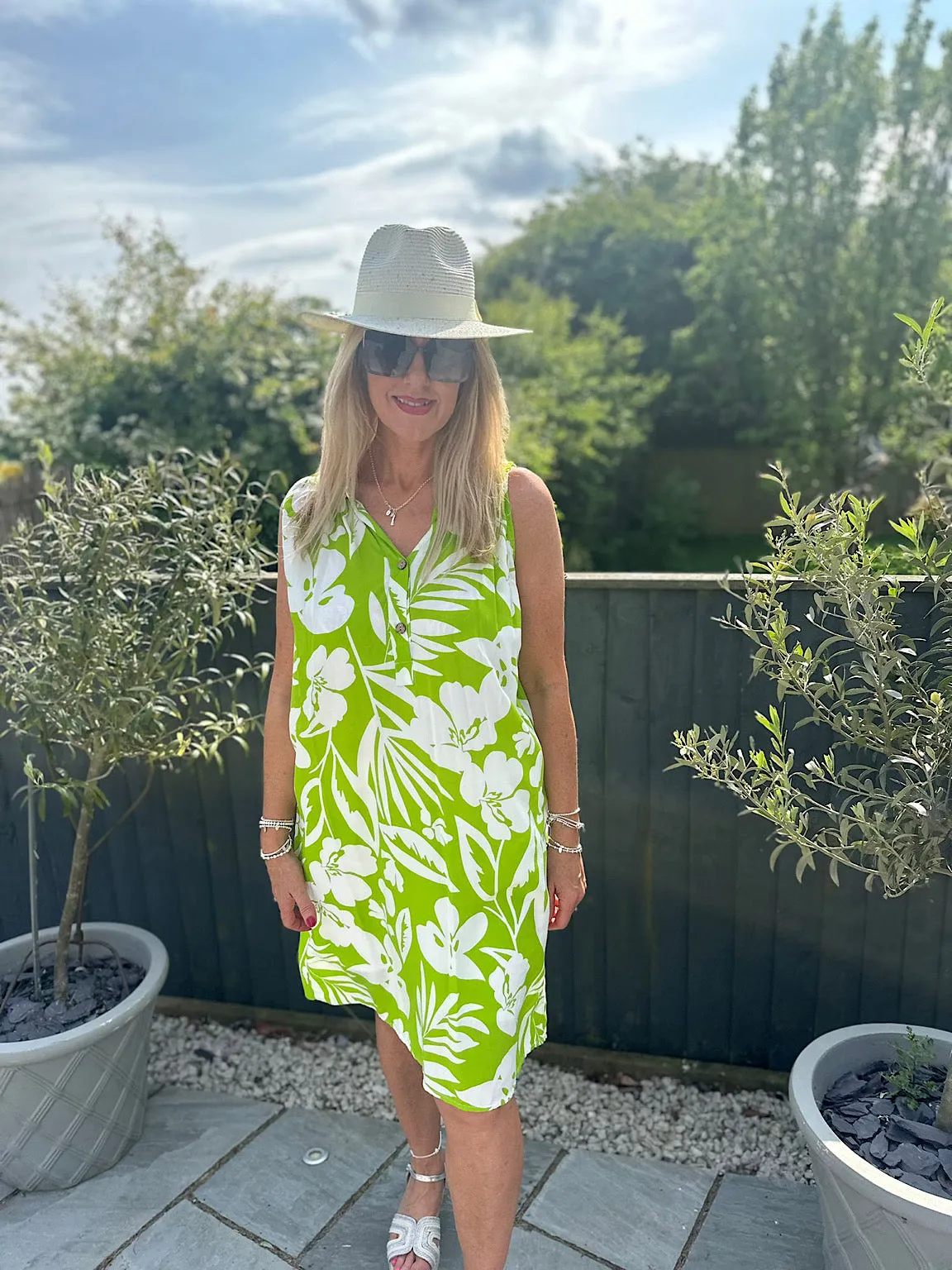 Lime Floral Sleeveless Tunic Dress Jade