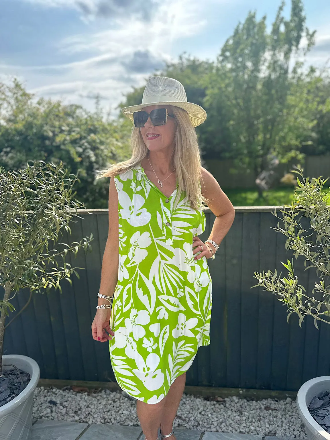 Lime Floral Sleeveless Tunic Dress Jade