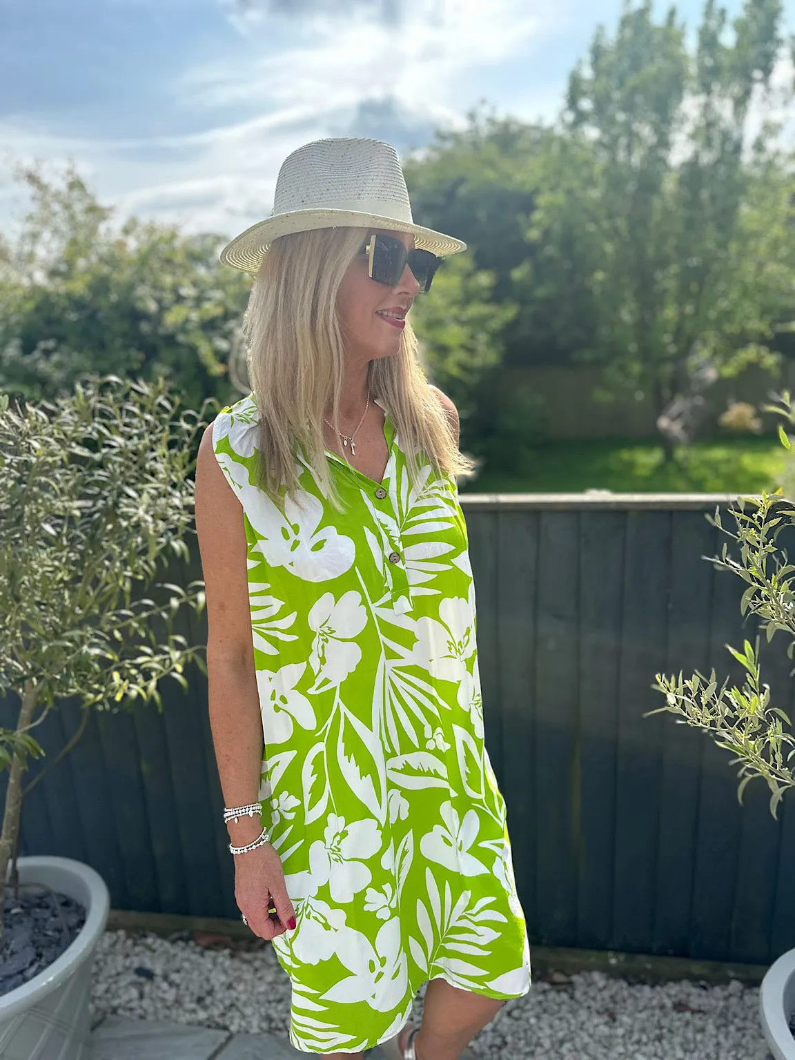 Lime Floral Sleeveless Tunic Dress Jade