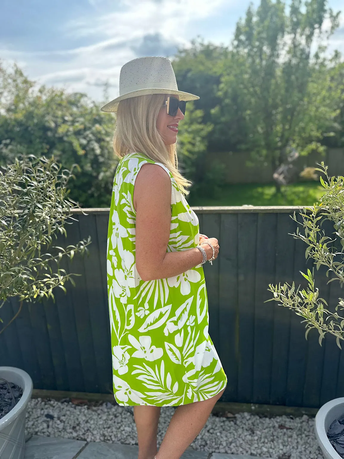 Lime Floral Sleeveless Tunic Dress Jade