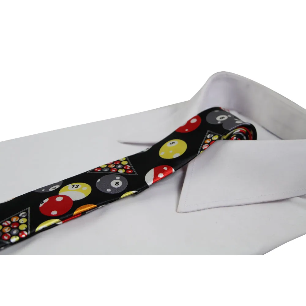 Mens Black With Snooker Balls Billards 5cm Skinny Neck Tie