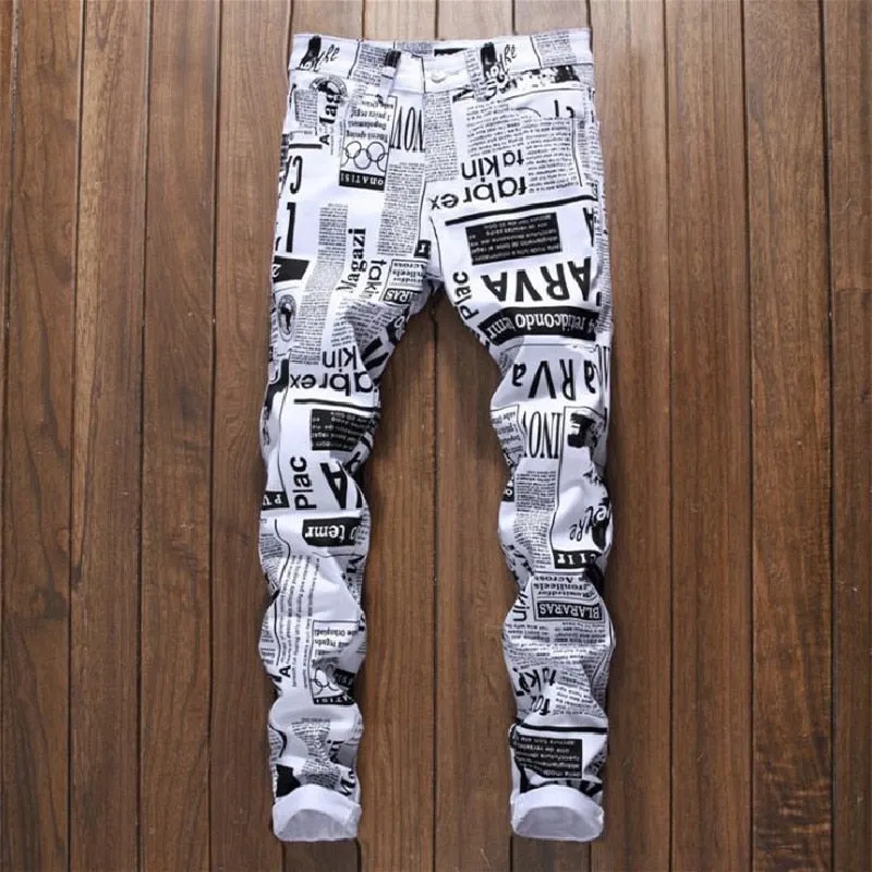 Men's Hip Hop Style Digital Letter Printed Mid Waist Stretch Skinny Jeans