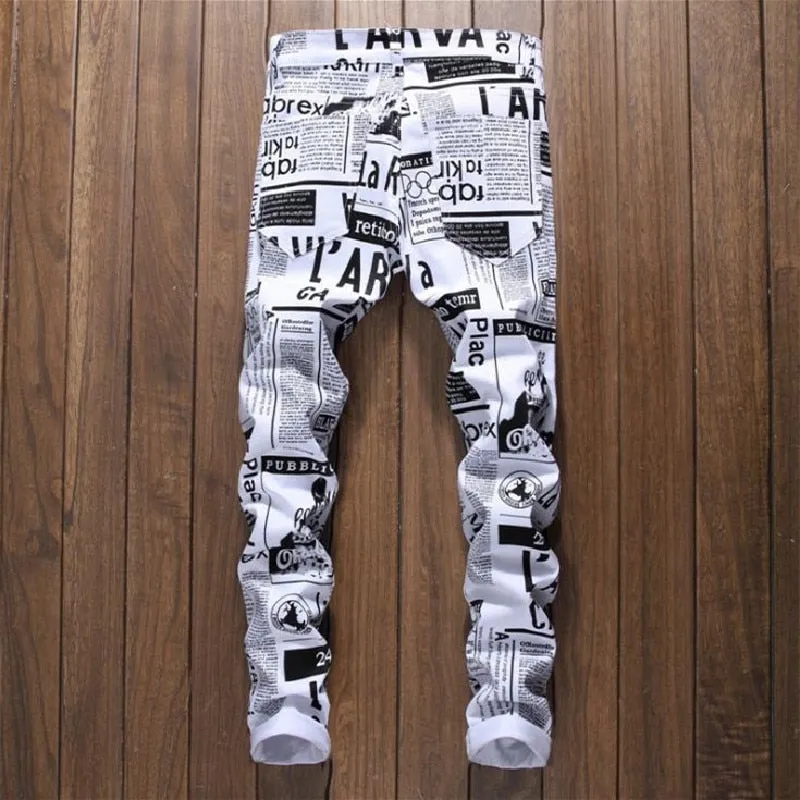 Men's Hip Hop Style Digital Letter Printed Mid Waist Stretch Skinny Jeans