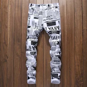 Men's Hip Hop Style Digital Letter Printed Mid Waist Stretch Skinny Jeans