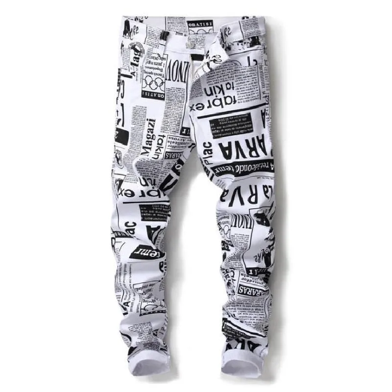 Men's Hip Hop Style Digital Letter Printed Mid Waist Stretch Skinny Jeans