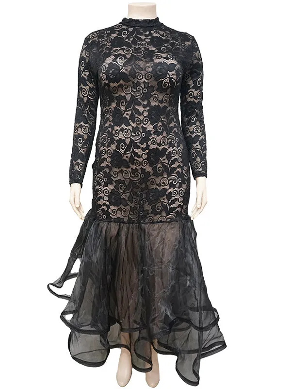 Momnfancy Black Lace Tulle Mermaid Sheer Plus Size Photoshoot Gown Maternity Maxi Dress