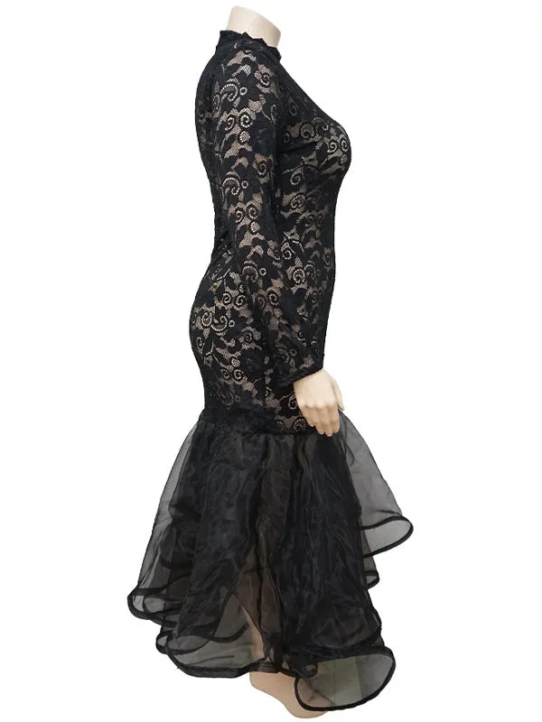 Momnfancy Black Lace Tulle Mermaid Sheer Plus Size Photoshoot Gown Maternity Maxi Dress