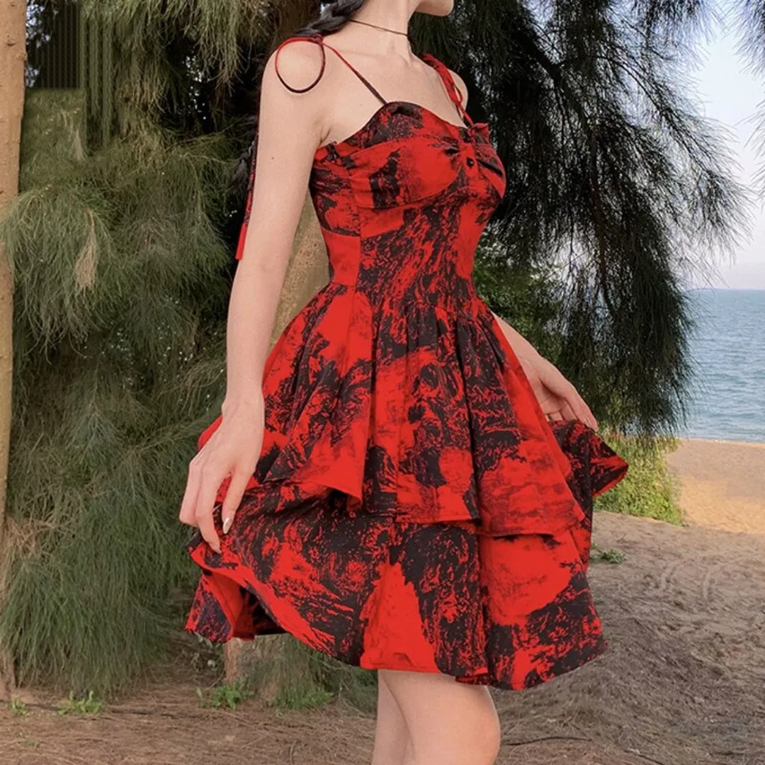 New Arrivals Floral Print Strap Ruffles Mini Short Dress Lady Summer Kawaii Dress