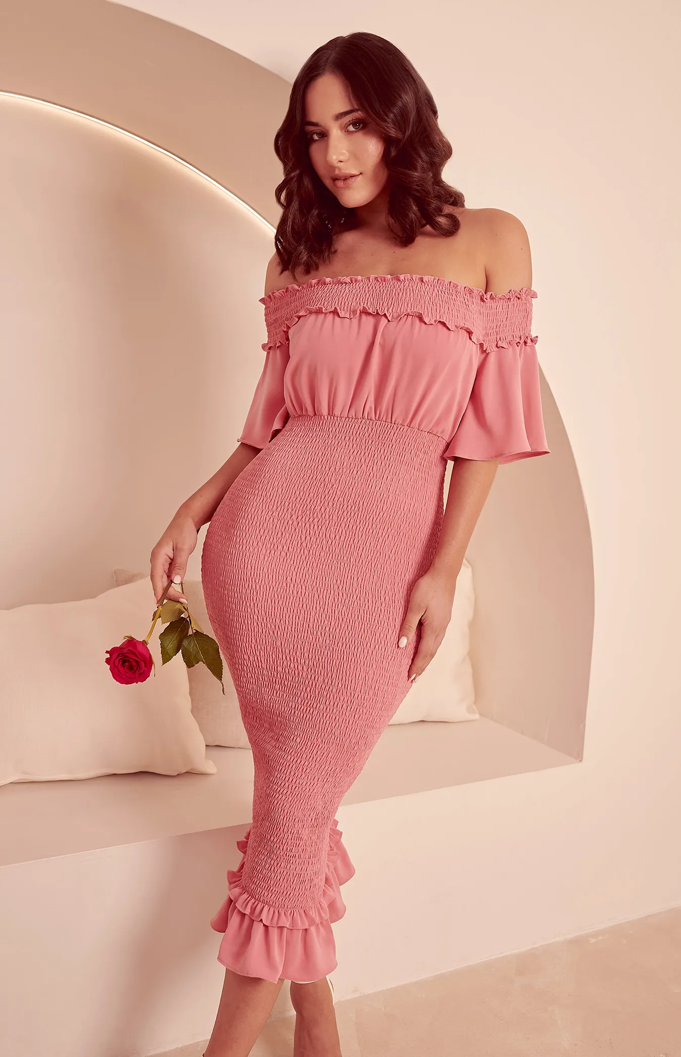 Off the Shoulder Shirred Midi Dress (SDR1184B)