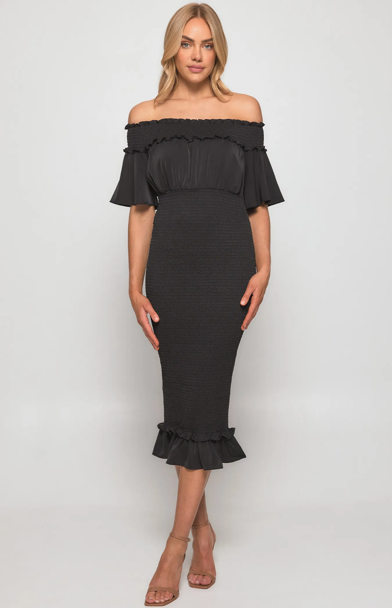 Off the Shoulder Shirred Midi Dress (SDR1184B)