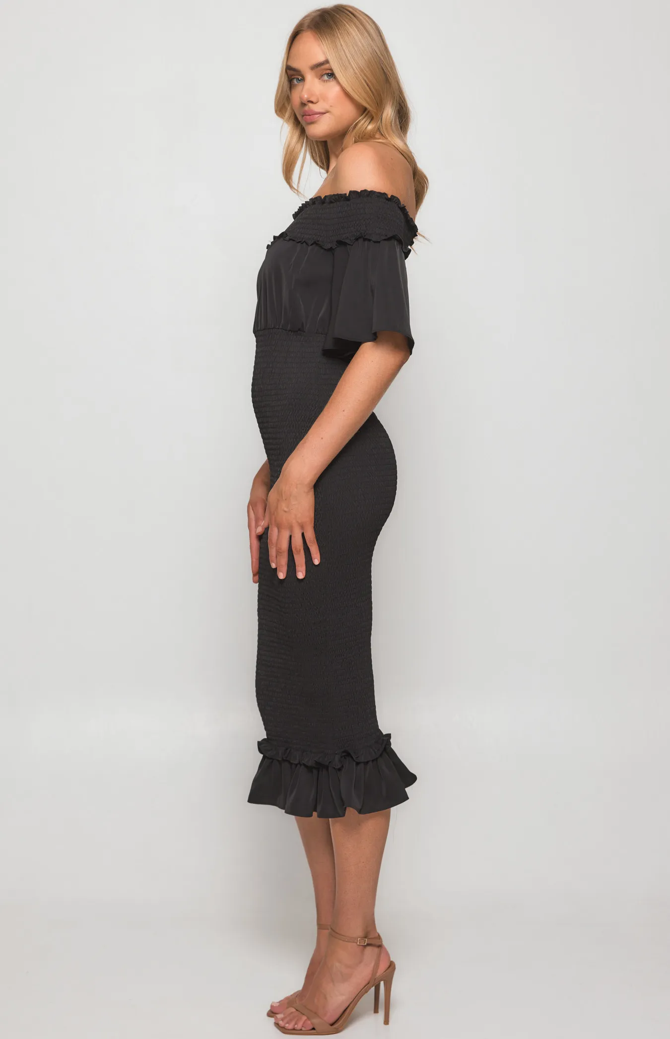 Off the Shoulder Shirred Midi Dress (SDR1184B)