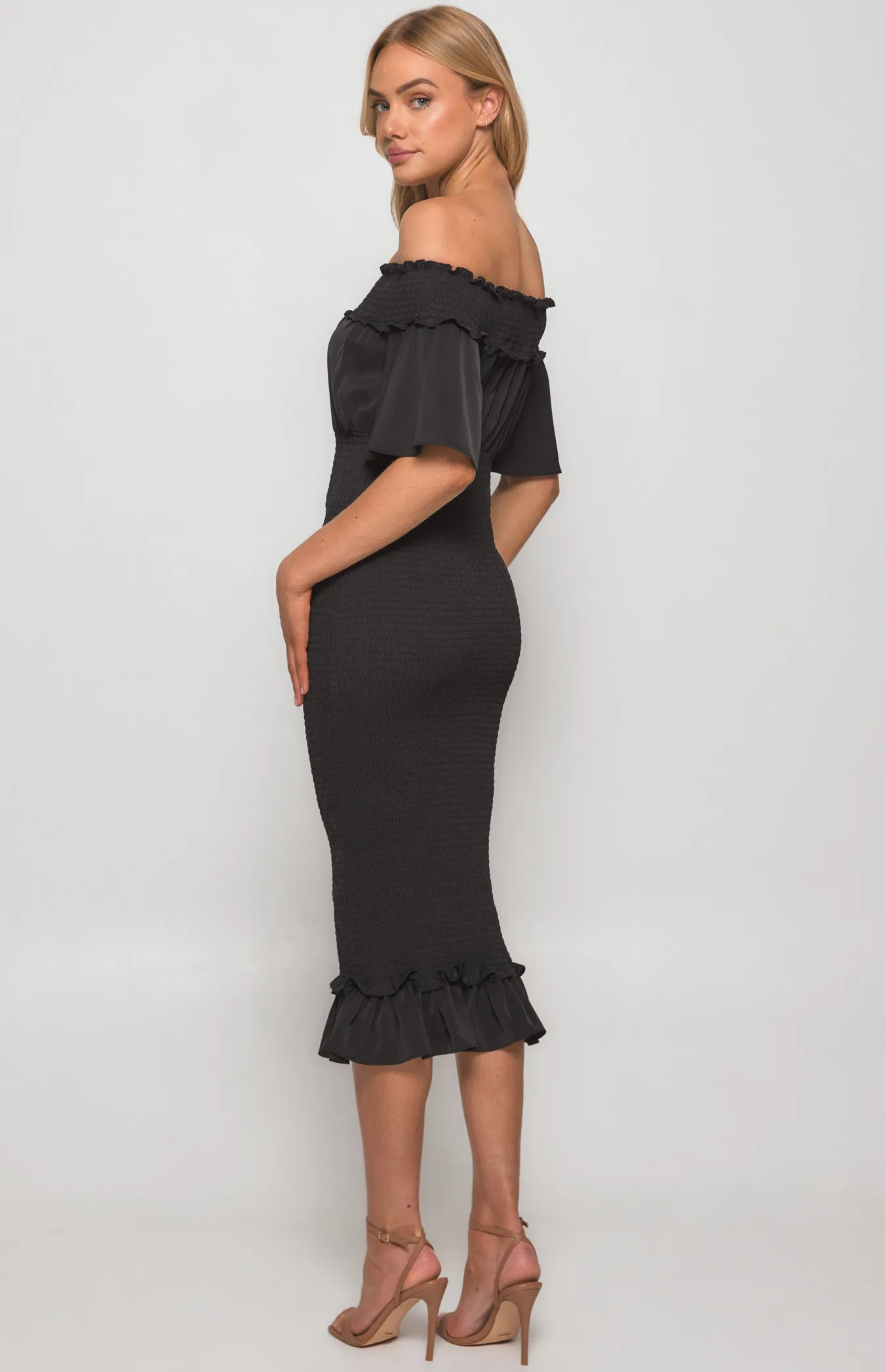 Off the Shoulder Shirred Midi Dress (SDR1184B)