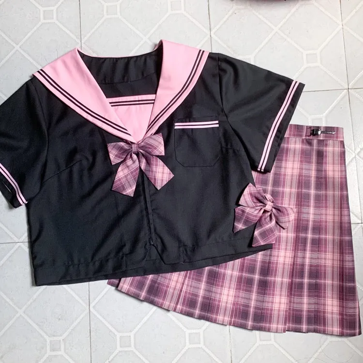 Plus size more kawaii black pink plaid skirt pleated skirt