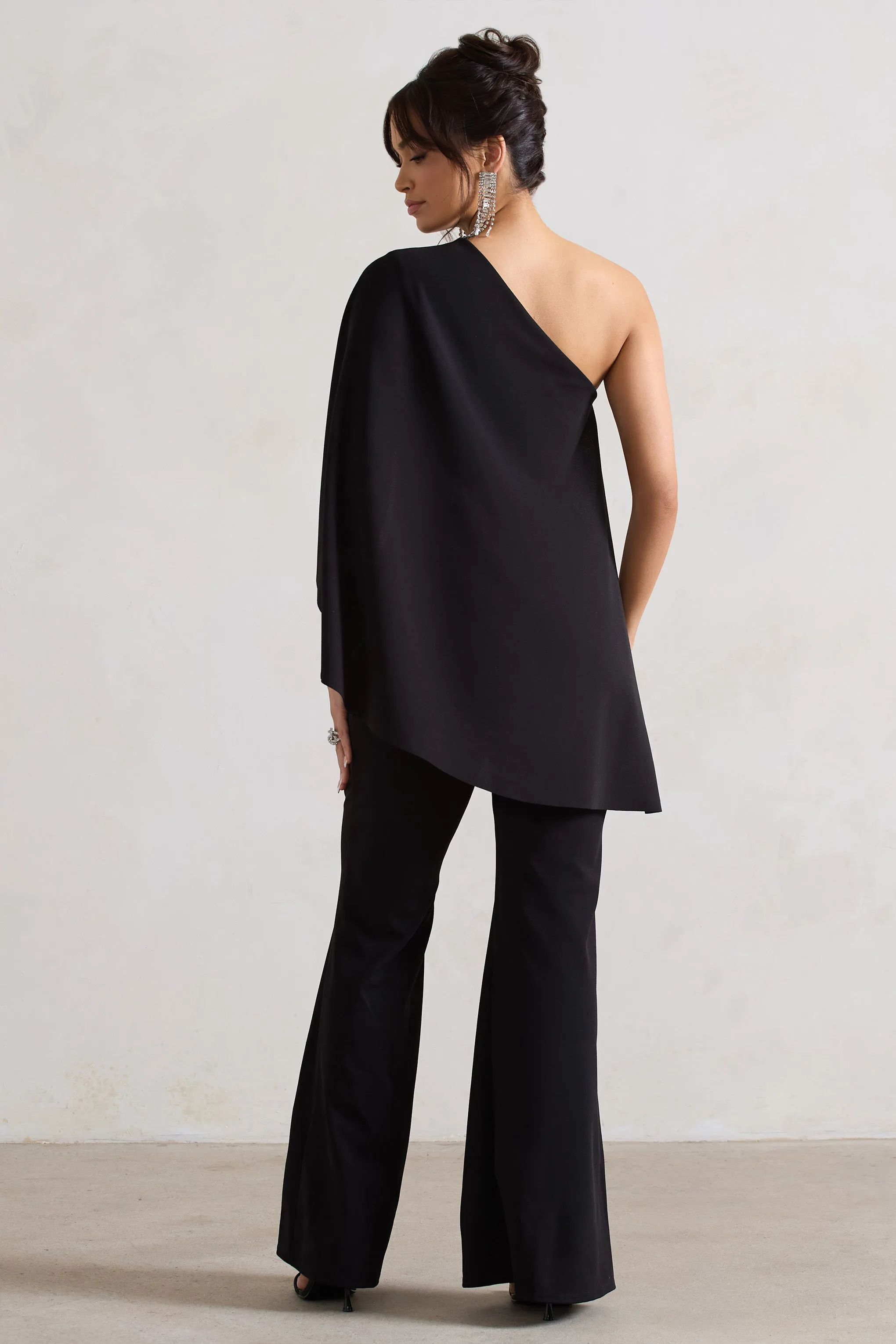 Pristine | Black One Shoulder Cape Sleeve Flared-Leg Jumpsuit