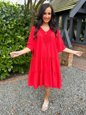 Red Crochet Tiered Tunic Dress Brenda